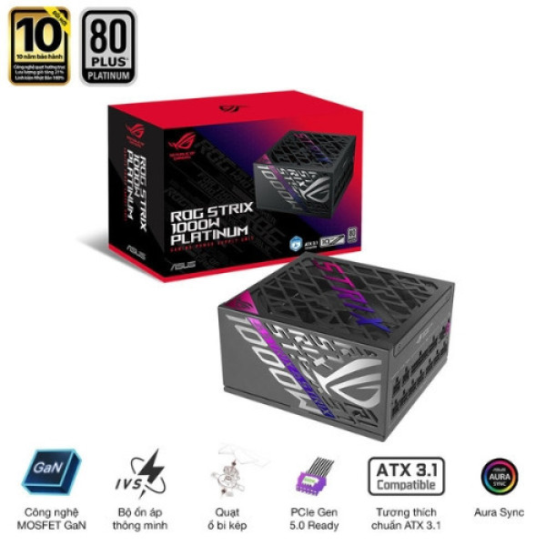 Nguồn máy tính ASUS ROG STRIX GAMING 1000P BLACK (1000W, ATX 3.1, PCIe 5.0, 80 Plus Plantinum, Full Modular, 10 năm bảo hành)