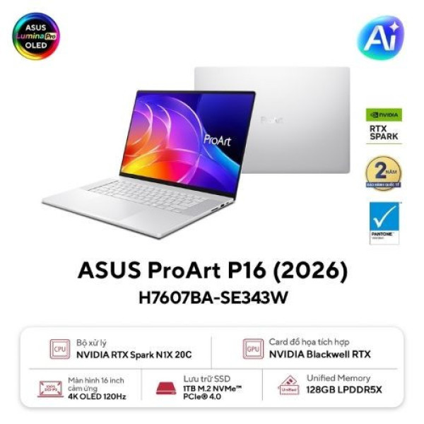 Laptop ASUS ProArt P16 H7607BA-SE343W (NVIDIA RTX Spark N1X | 128GB | 1TB | NVIDIA Blackwell RTX GPU | 16.0 inch 4K OLED | Win 11 | Trắng)