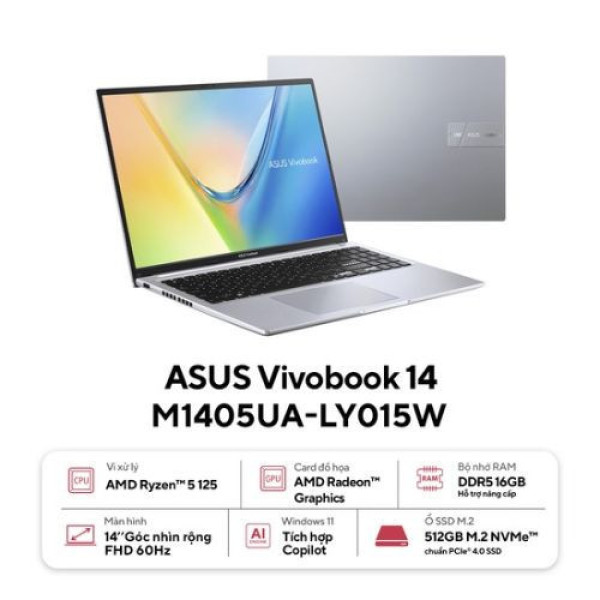 Laptop Asus Vivobook 14 M1405UA-LY015W (Ryzen™ 5 125 | 16GB | 512GB | AMD Radeon™ Graphics | 14inch WUXGA | Win 11 | Bạc)
