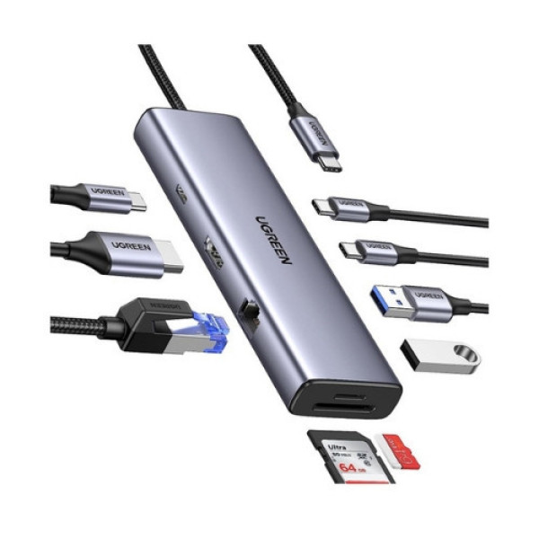 Bộ chuyển đổi USB-C sang 2*USB C+2*USB 3.0+HDMI,RJ45, SD TF+PD hỗ trợ 4K Ugreen (15375)