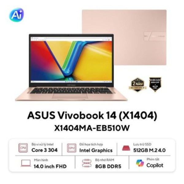 Laptop Asus Vivobook 14 X1404MA-EB510W (Core 3 304 | 8GB | 512GB | Intel® Graphics | 14 inch FHD | Win 11 | Cam đất)