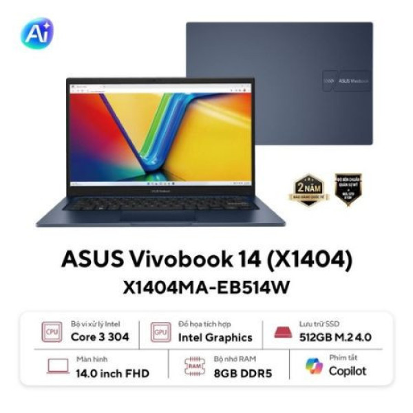 Laptop Asus Vivobook 14 X1404MA-EB514W (Core 3 304 | 8GB | 512GB | Intel® Graphics | 14 inch FHD | Win 11 | Xanh)