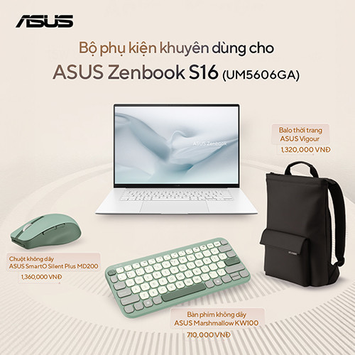Laptop ASUS Zenbook S16 UM5606GA-SS441W (Ryzen™ AI 9 465 | 16GB | 512GB | AMD Radeon™ Graphics | 16 inch 3K OLED | Win 11 | Trắng) 