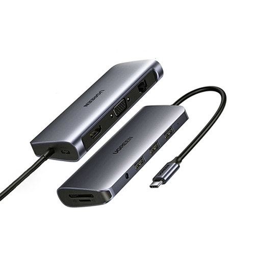 Bộ Chuyển Đổi Hub USB Type C 10 in 1 Ugreen 80133 tích hợp HDMI, VGA, 3.5mm, Lan, USB3.0, Đọc Thẻ, Sạc PD USB Type C